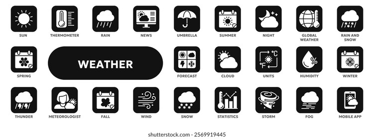 Set of vector solid icons related to weather forecast, climate and temperature, seasons. Symbols for website or app ui, logo design, illustration