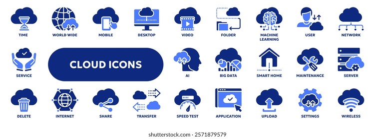 Set of vector solid icons related to cloud computing technology, ai, machine learning and big data. Symbols for website or app ui, logo design, illustration