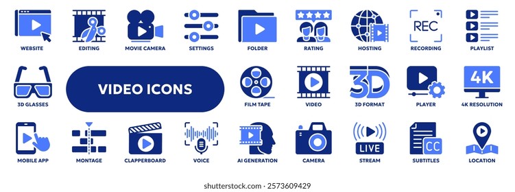 Set of vector solid icons related to video recording, movie industry, internet live streaming. Symbols for website or app ui, logo design, illustration