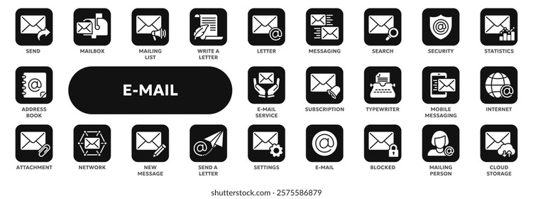 Set of vector solid icons related to e-mail, messaging and communication, postal service. Symbols for website or app ui, logo design, illustration