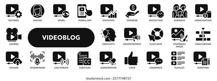 Set of vector solid icons related to video blogging, video content making and editing, advertisement. Symbols for website or app ui, logo design, illustration