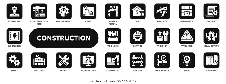 Set of vector solid icons related to construction and engineering, building, real estate. Symbols for website or app ui, logo design, illustration