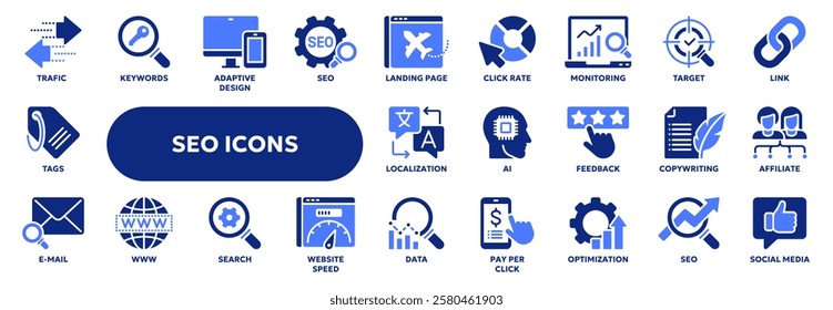 Set of vector solid icons related to seo and digital marketing, web page search optimization. Symbols for website or app ui, logo design, illustration