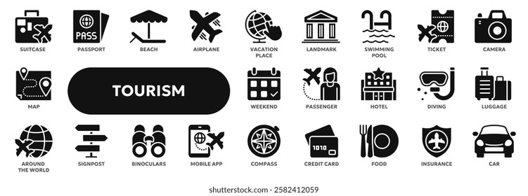 Set of vector solid icons related to tourism, summer vacation, airplane travel. Symbols for website or app ui, logo design, illustration