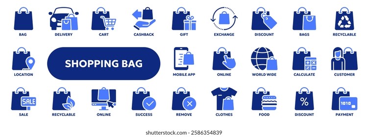 Set of vector solid icons related shopping bag and package, sale and discount, online and retail commerce. Symbols for website or app ui, logo design, illustration