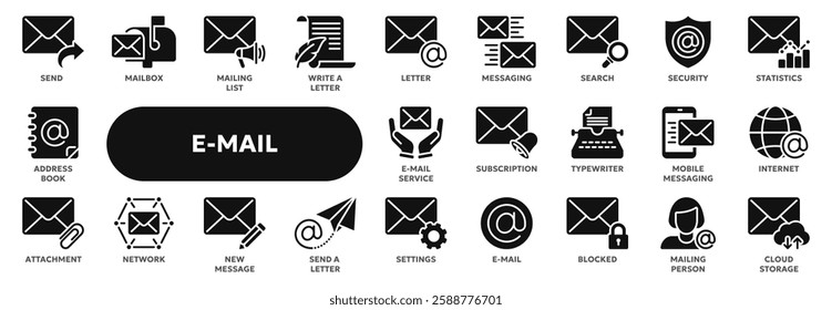 Set of vector solid icons related to e-mail, messaging and communication, postal service. Symbols for website or app ui, logo design, illustration