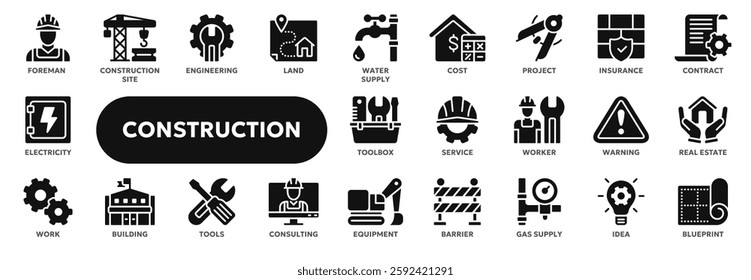 Set of vector solid icons related to construction and engineering, building, real estate. Symbols for website or app ui, logo design, illustration