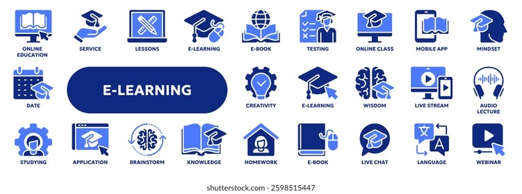 Set of vector solid icons related to online education, school and university lessons, e-learning and webinar. Symbols for website or app ui, logo design, illustration