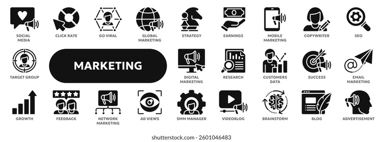 Set of vector solid icons related to digital marketing, social media advertising, promotion. Symbols for website or app UI, logo design, illustration