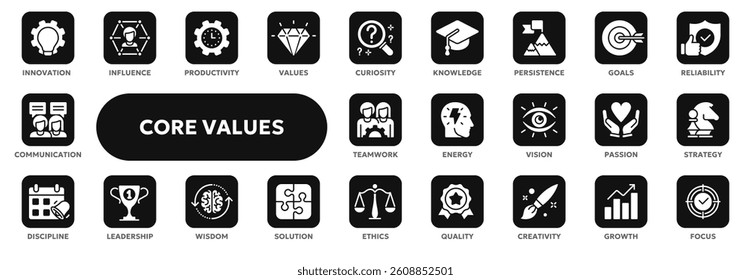 Set of vector solid icons related to company core values such as innovation, teamwork, leadership etc. Symbols for website or app UI, logo design, illustration