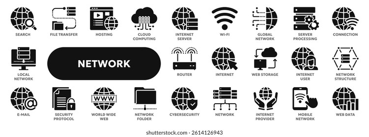 Set of vector solid icons related to computer network, internet and cloud computing, wireless technology. Symbols for website or app UI, logo design, illustration