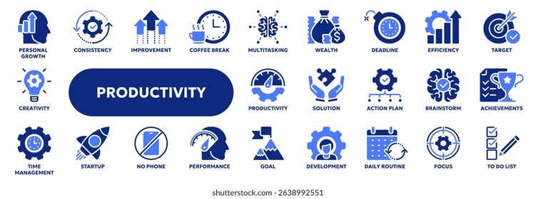 Set of vector solid icons related to productivity and efficiency, personal growth and success, workflow performance. Symbols for website or app UI, logo design, illustration
