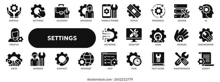 Set of vector solid icons related to application settings setup, repair service, construction industry. Symbols for website or app UI, logo design, illustration