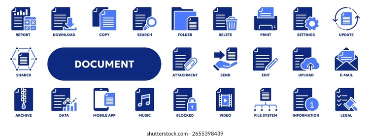 Set of vector solid icons related to business office documents and papers, accounting and audit, computer file system. Symbols for web or app UI, logo design, illustration