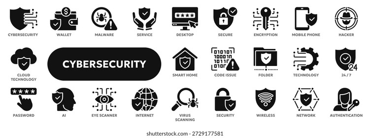 Set of vector solid icons related to cybersecurity, information protection, data safety. Symbols for website or app UI, logo design, illustration