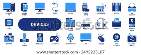 Set of vector solid icons related to technology, computer devices, electronic equipment. Symbols for website or app ui, logo design, illustration