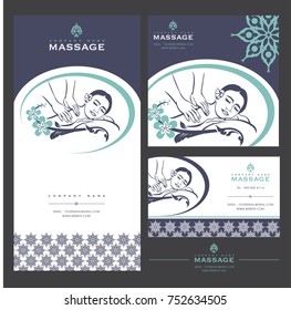 Set of vector Spa Massage card templates with floral elements for business cards, invitations, postcards. Vector illustration.