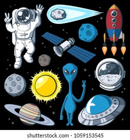 Set of vector space elements. Astronaut, Earth, saturn, moon, UFO, rocket, comet, constellation, sputnik and stars. Space exploration, flights, fantasy, sky.