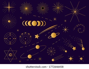 Set of vector space elements and symbols. Shining stars, supernova, planets, orbits, shooting stars, vintage astronomical schemes. Design loy backgrounds, patterns, cards, etc.