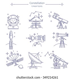 Set of vector space icon. Astronaut, telescope, rocket, satellite, spacecraft. The modern line style.