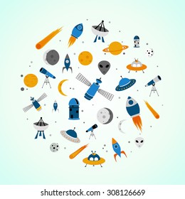 Set of vector space icons in circle shape