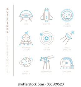 Set of vector space icons and concepts in mono thin line style