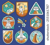 Set of vector space patches. Hand drawn vintage spacecraft badges. Perfect for tee shirt logo, greeting card, poster or nursery print design. EPS 10 vector file.