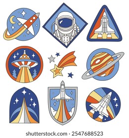 Set of vector space patches. Hand drawn vintage spacecraft badges. Perfect for tee shirt logo, greeting card, poster or nursery print design. EPS 10 vector file.