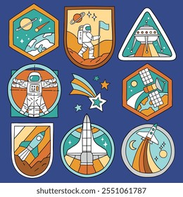 Conjunto de parches de espacio de Vector. Insignias de naves espaciales vintage dibujadas a mano. Perfecto para el logotipo de la camiseta, tarjeta de felicitación, cartel o diseño de impresión de vivero. Archivo de Vector EPS 10.