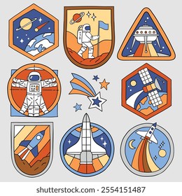 Set of vector space patches. Hand drawn vintage spacecraft badges. Perfect for tee shirt logo, greeting card, poster or nursery print design. EPS 10 vector file.