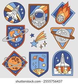 Set of vector space patches. Hand drawn vintage spacecraft badges. Perfect for tee shirt logo, greeting card, poster or nursery print design. EPS 10 vector file.