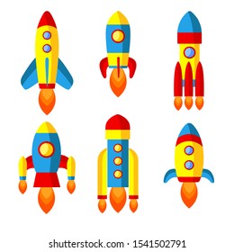 set of vector space rockets, ships and shuttles isolated on white background. clip art in flat style. concept of development and success of business, startups. astronomy and space, cosmic theme.