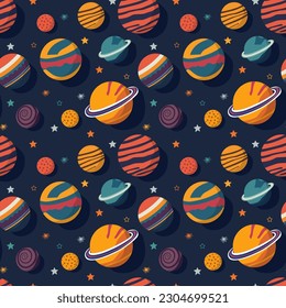 A set of vector space seamless pattern with planets and stars. Night sky hand drawn doodle astronomical background Vector graphic EPS10