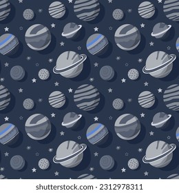 A set of vector space seamless pattern with planets and stars. Night sky hand drawn doodle astronomical background Vector graphic