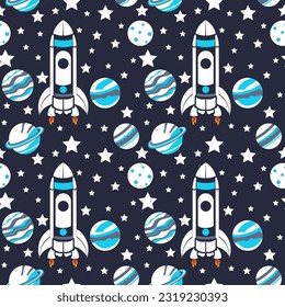 A set of vector space seamless pattern with space rocket, planets and stars. Night sky hand drawn doodle astronomical background Vector graphic EPS10