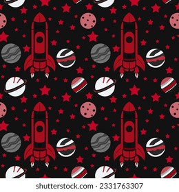 A set of vector space seamless pattern with space rocket, planets and stars. Night sky hand drawn doodle astronomical background Vector graphic EPS10