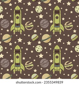 A set of vector space seamless pattern with space rocket, planets and stars. Night sky hand drawn doodle astronomical background Vector graphic