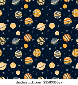 A set of vector space seamless pattern with planets and stars. Night sky hand drawn doodle astronomical background Vector graphic
