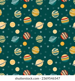 A set of vector space seamless pattern with planets and stars. Night sky hand drawn doodle astronomical background Vector graphic