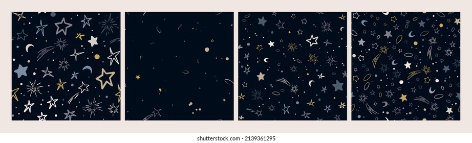 Set of vector space seamless patterns with planets, comets, constellations and stars. Night sky hand drawn doodle astronomical backgrounds.