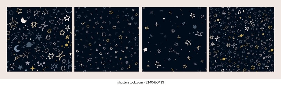 Conjunto de patrones sin fisuras del espacio vectorial con planetas, cometas, constelaciones y estrellas. Fotografías astronómicas dibujadas a mano por el cielo nocturno.