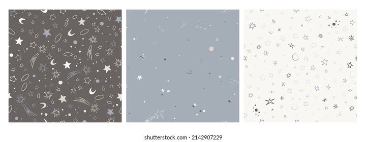 Set of vector space seamless patterns with planets, comets, constellations and stars. Night sky hand drawn doodle astronomical backgrounds.