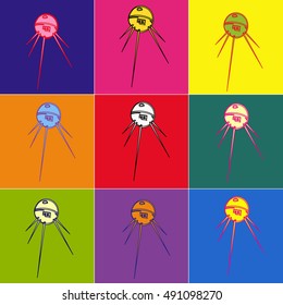 Set of vector spaceships. Space cartoon icons set. Flat universal rocket icons. Colorful sputnik, satellite.