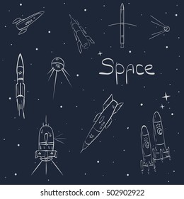 Set of vector spaceships. Space cartoon icons set. Flat universal rocket icons. Vector of sputnik, satellite,spaceships.