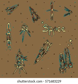 Set of vector spaceships. Space cartoon icons set. Vector of sputnik, satellite,spaceships.