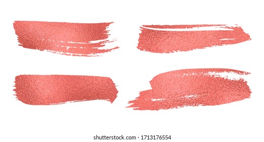 Set of vector sparkle coral mascara brush strokes. Luxury decor of coralline shiny foil. Collection of grunge metal paint texture for greeting card design. Glitter patterns isolated from background.