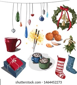 Сhristmas set vector sparklers mistletoe сhristmas decorations 
 