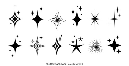 Set of vector sparkles. Sparkling stars, glitters, sparkles,  luminaries and rays. Abstract icons for print, design patterns. Geometric figures symbols of glitter.