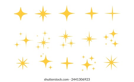 Conjunto de iconos de estrellas planas brillantes vectoriales. siluetas de estrellas centelleantes para brillo dorado, luz brillante amarilla, efecto de destello mágico. ilustración vectorial protegida. Plano de 2 dimensiones