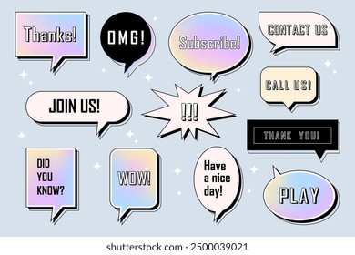 Set of vector speech bubble or talk icon. Vector thought or chat, think symbol in box shape. Flat sticker for information or conversation. Communication balloon or discussion text.Dialog, message sign